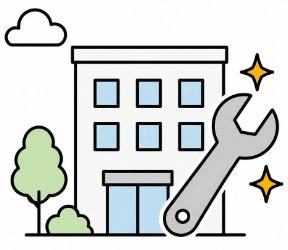建物と修繕工具のイラスト